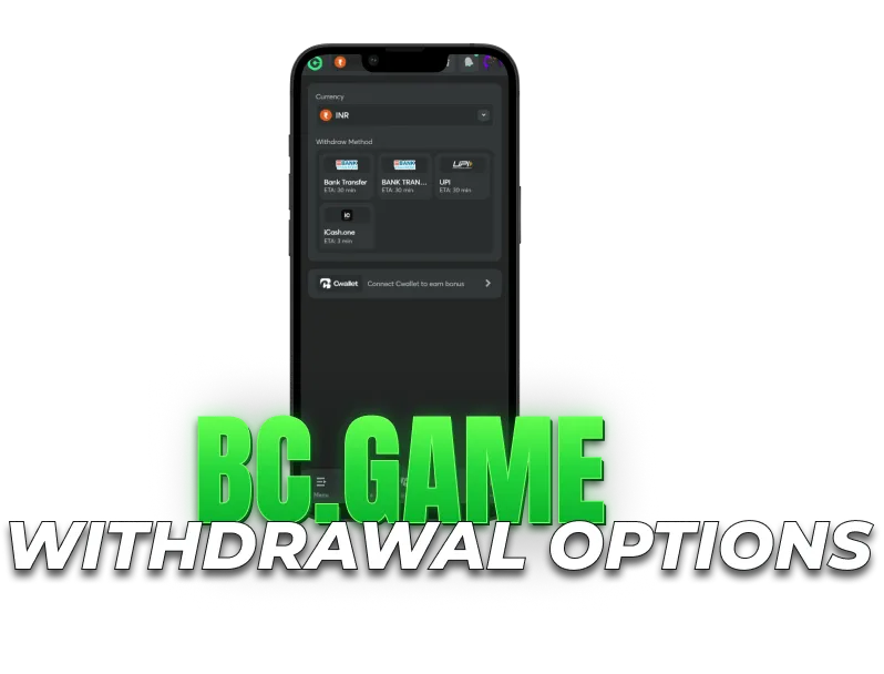BC.GAME withdrawal options in INR with bank transfer, UPI and other payment methods.