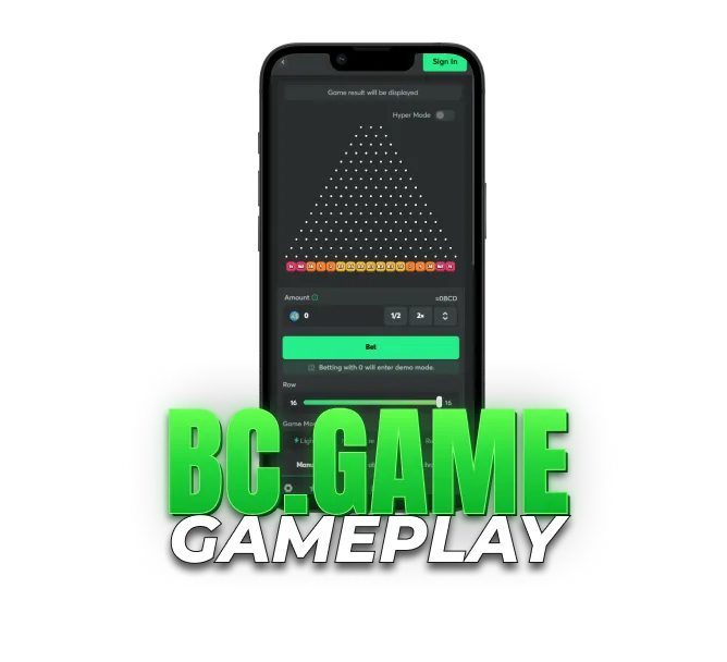 BC.GAME Plinko gameplay interface with betting options, rows and game mode settings on mobile.