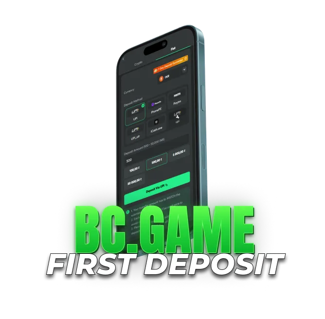 first deposit page with INR payment methods and deposit amount options.